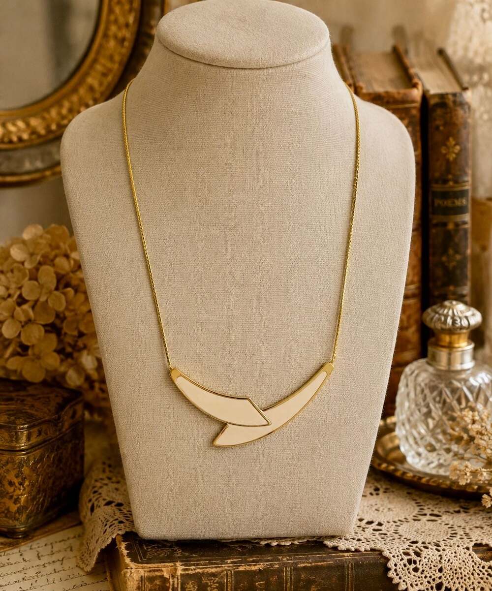 Vintage Monet Gold Tone Cream Enamel Art Deco Bib Necklace